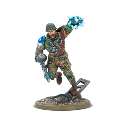 Toy figure of a soldier with a weapon on a white background. Konflikt '47 'Slammer' Samuels The First Paragon 28mm plastic miniature