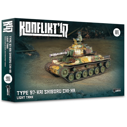 Konflikt ’47 Type 97-Kai Shiboru Chi-Ha Light Tank. Box for a model tank with 'Konflikt' branding on a white background
