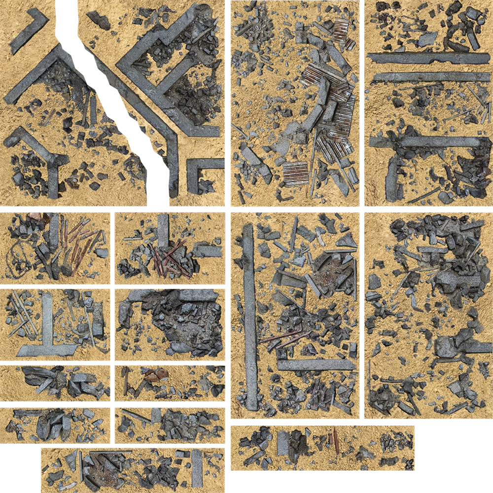 Collage of various metallic objects on a textured beige background. Kraken Terrain Marker Desert Plain Set