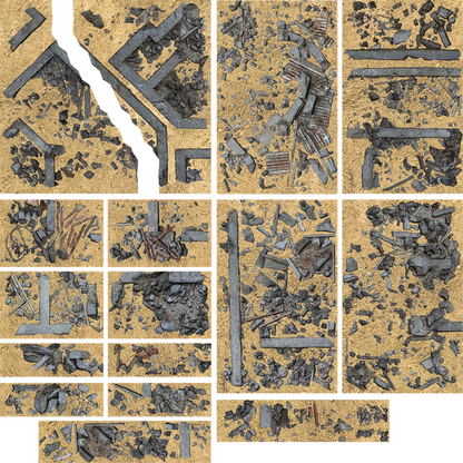 Collage of various metallic objects on a textured beige background. Kraken Terrain Marker Desert Plain Set