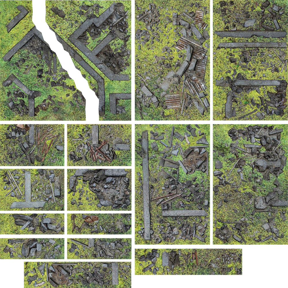 Collage of various textured rectangular tiles on a green grass-like background. Kraken Terrain Marker Grass Plain Set