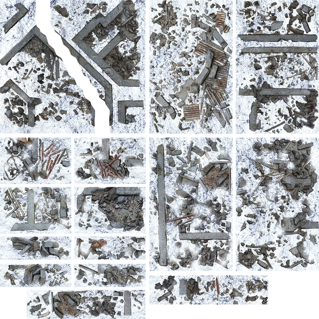 Collage of metal scraps and pieces on a white background. Kraken Terrain Marker Snow Plain Set