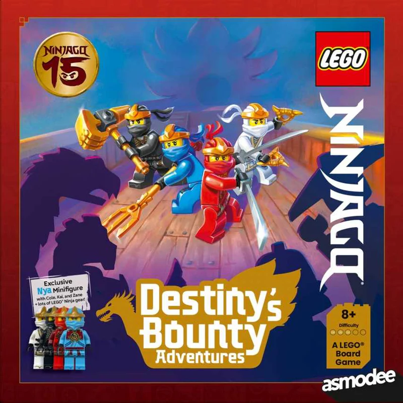LEGO Ninjago board game box with characters and promotional text on a red border. LEGO NINJAGO Destiny's Bounty Adventures cooperative family board game