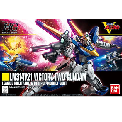 LM314V21 Victory Two Gundam HG Model Kit. Model kit packaging of LM314V21 Victory Two Gundam with colorful background