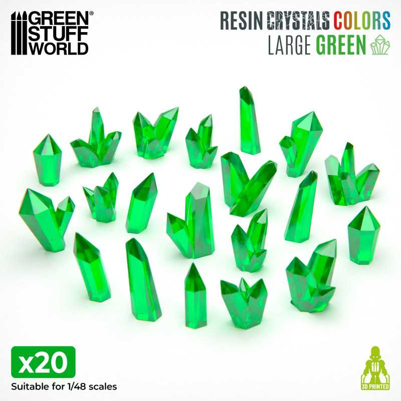 Green Resin Crystals - Large. High-quality resin crystals with vibrant green colour. Includes 20 varied pieces ideal for miniatures, dioramas, and creative projects.