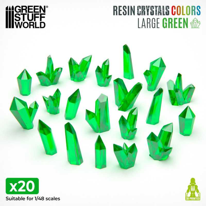 Green Resin Crystals - Large. High-quality resin crystals with vibrant green colour. Includes 20 varied pieces ideal for miniatures, dioramas, and creative projects.