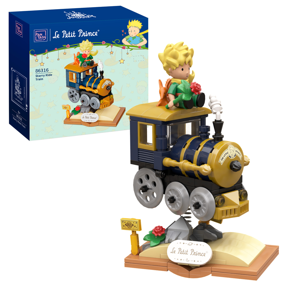 Toy train set inspired by 'Le Petit Prince' with packaging in the background. Le Petit Prince™ Starry Ride Train Brick Model Kit