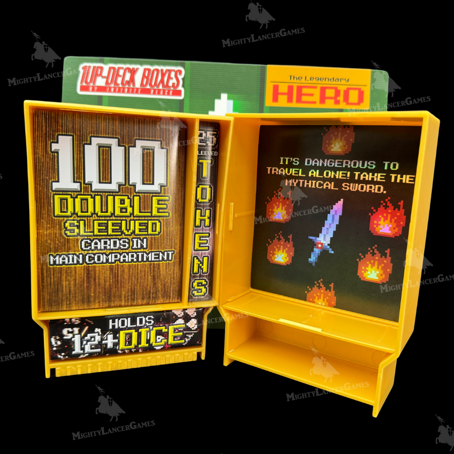 Golden yellow Legendary Hero Retrowave Cyber Magicka Deck Box with 8-bit mythical sword design. Stores cards, dice, and tokens for retro and fantasy fans.