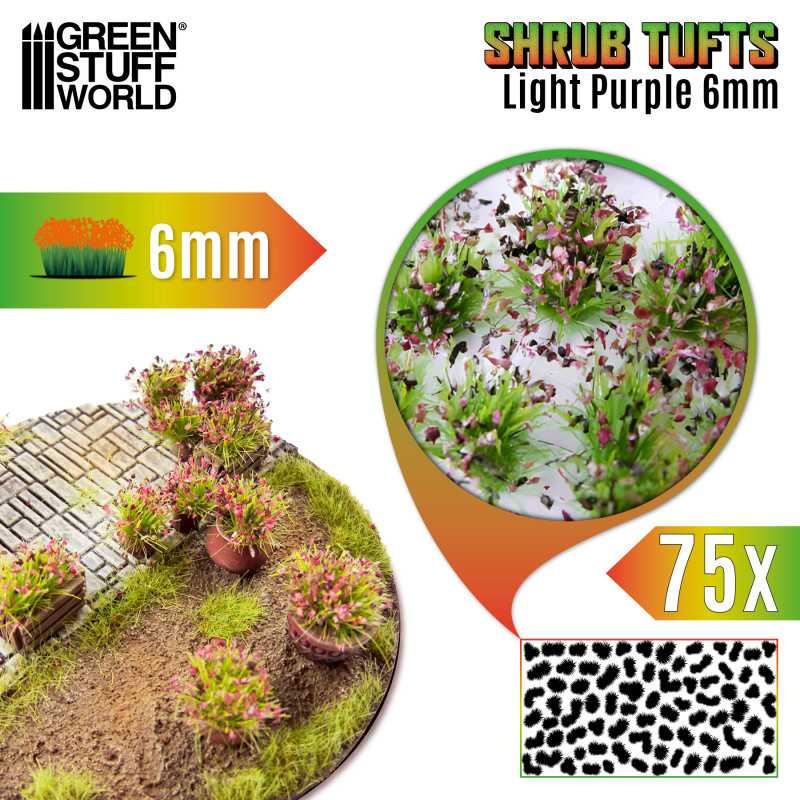 Light Purple Tufts 6mm Green Stuff World. Pack of 75 light purple 6mm scenic tufts with self-adhesive bases, used for miniature basing, wargame terrain, and diorama decoration.