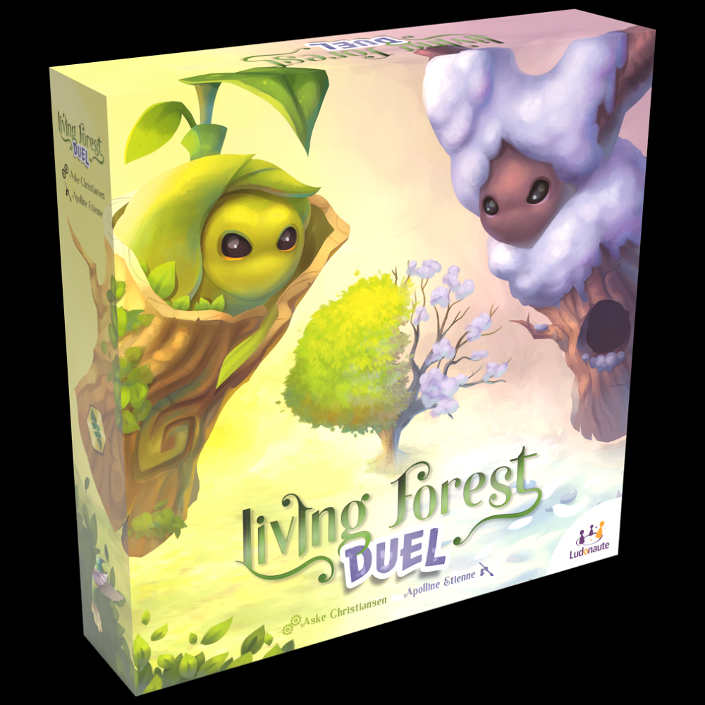 Board game box for 'Living Forest Duel' with cartoon characters and forest design.