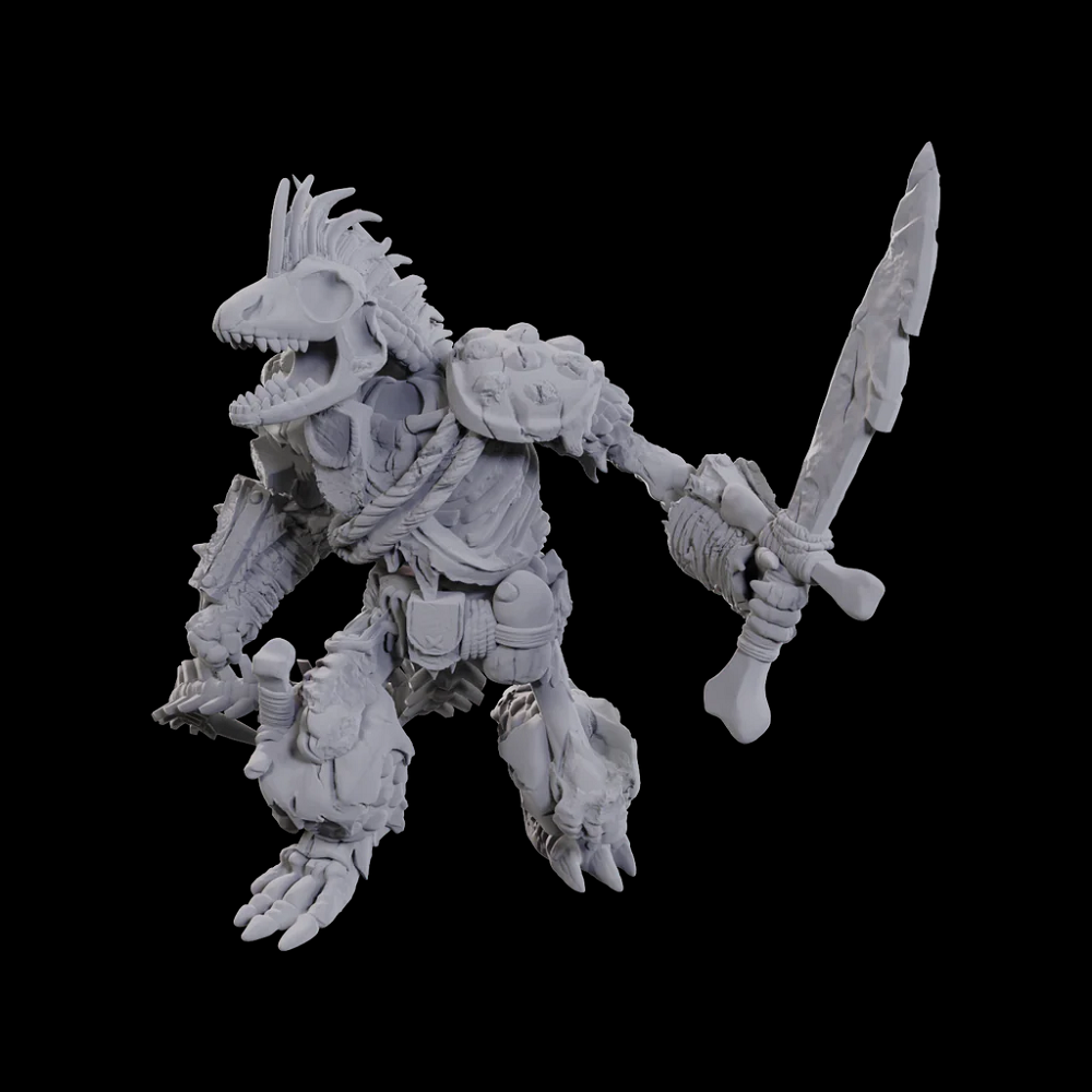 Unpainted fantasy figurine with armour Lizardfolk Skeleton WizKids. and a sword on a black background