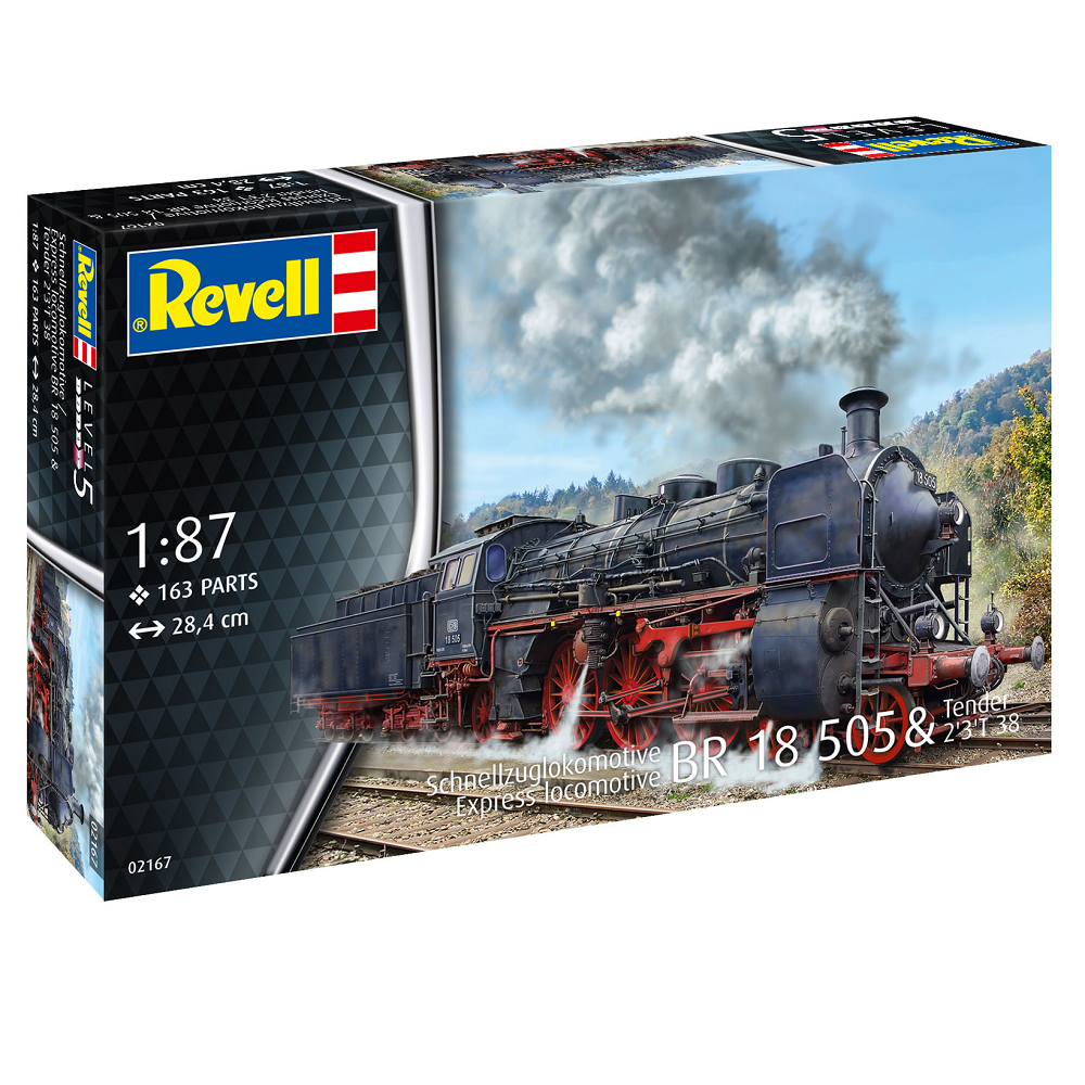 Express Locomotive BR 18 505 Model Kit by Revell. 1:87 scale plastic kit with 163 parts. Includes decals, detailed chassis, and illustrated instructions.