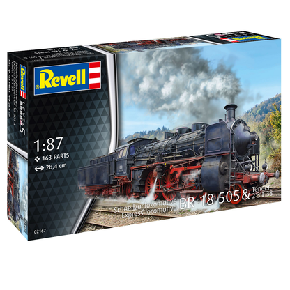 Express Locomotive BR 18 505 Model Kit by Revell. 1:87 scale plastic kit with 163 parts. Includes decals, detailed chassis, and illustrated instructions.