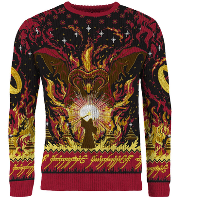 Lord of the Rings Balrog Christmas jumper. A knitted red, yellow and black jumper with a silhouette of wizard holding up a wand and a giant horned creature towering over him  