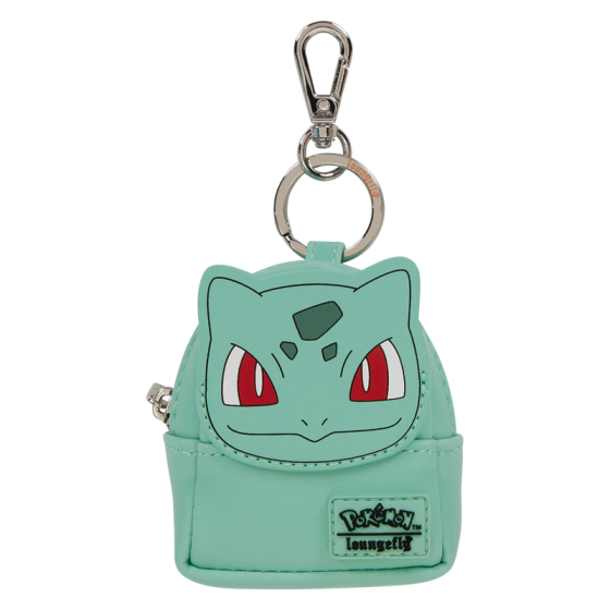 Light blue keychain pouch with cartoon character face on a white background. Loungefly Pokémon Bulbasaur Mini Backpack Bag Charm