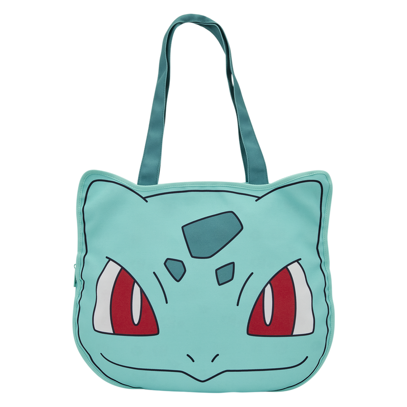 A light green tote bag designed to look like Bulbasaur from Pokémon, featuring red eyes, white and red eye details, and a dark blue-gray forehead patch, shown on a plain white background. Loungefly Pokémon Bulbasaur Oversized Canvas Tote Bag
