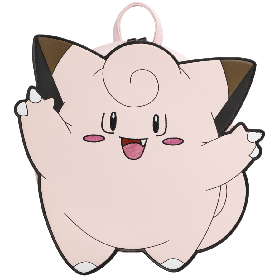 A Clefairy-shaped backpack featuring the character in a happy pose, with a light pink body, dark brown inner ears, and a matching light pink top loop, shown on a plain white background. Loungefly Pokémon Clefairy Backpack