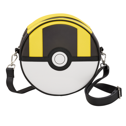 A round crossbody bag designed to look like a Pokéball, featuring yellow and black stripes on the top half and a white lower half with a black centre circle, shown on a plain white background. Loungefly Pokémon Ultra Ball crossbody bag