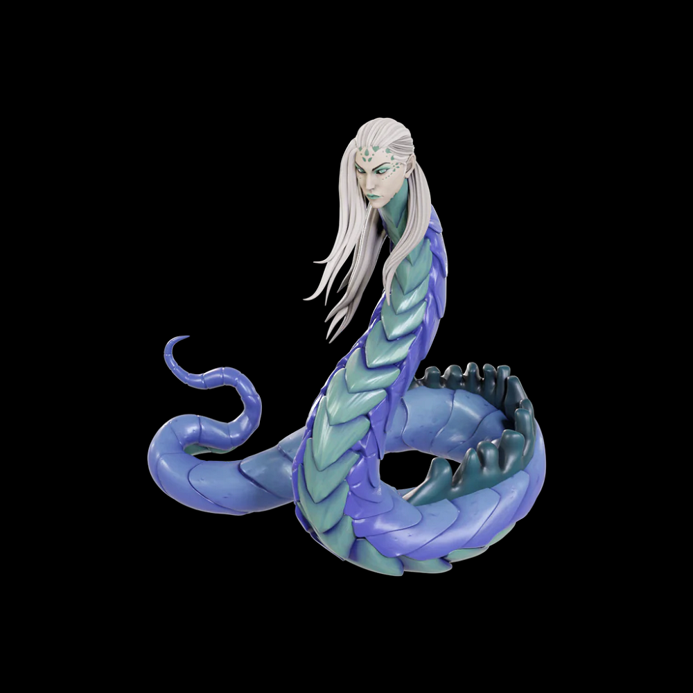 Lunar Naga WizKids Pathfinder. Mermaid with snake-like tail on a black background