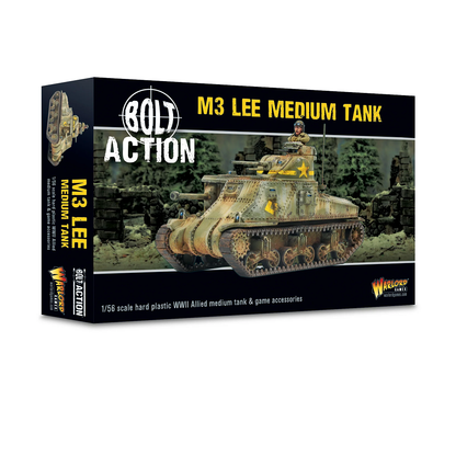 M3 Lee Medium Tank. Build a WWII Allied tank for Bolt Action wargames. 28mm scale kit with detailed weaponry, decals, and game accessories.
