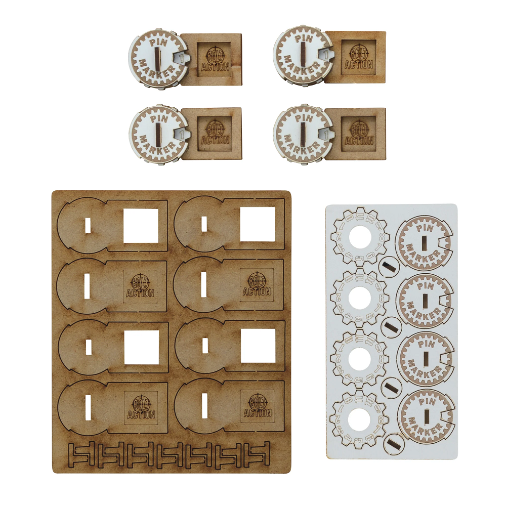 Set of 4 MDF pin markers for Bolt Action. Laser-cut design features pin tracking from 0–11 and Order Die storage, ensuring a clear and organised gaming table.