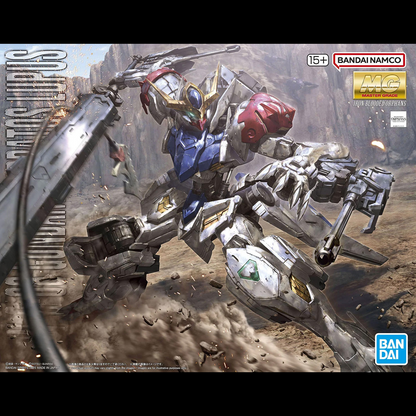 Mechanical robot model with Bandai and Bandai Namco branding on a desert landscape background. MG ASW-G-08 Gundam Barbatos Lupus
