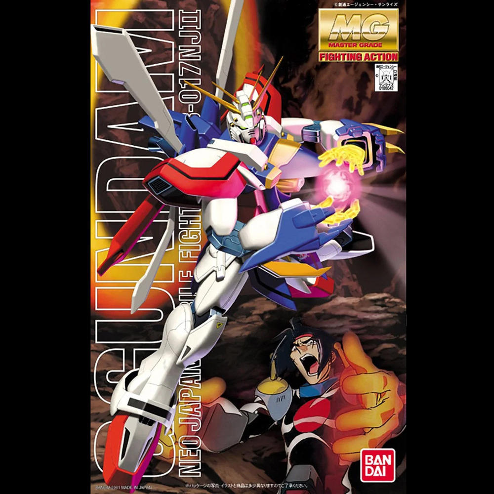 Gundam model kit packaging with character illustration on a dark background. MG Burning Gundam GF13-017NJII