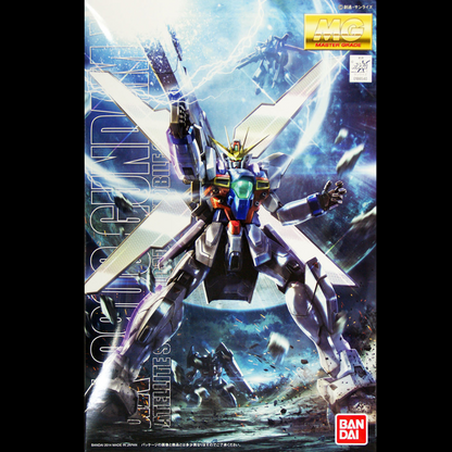 Model kit packaging of a robot with a space-themed background, featuring Bandai branding. MG GX-9900 Gundam X Satellite System Loading Mobile Suit