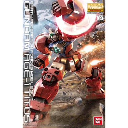 Model kit box for a red robot with text and branding on a white background. MG Gundam Age-1 Titus