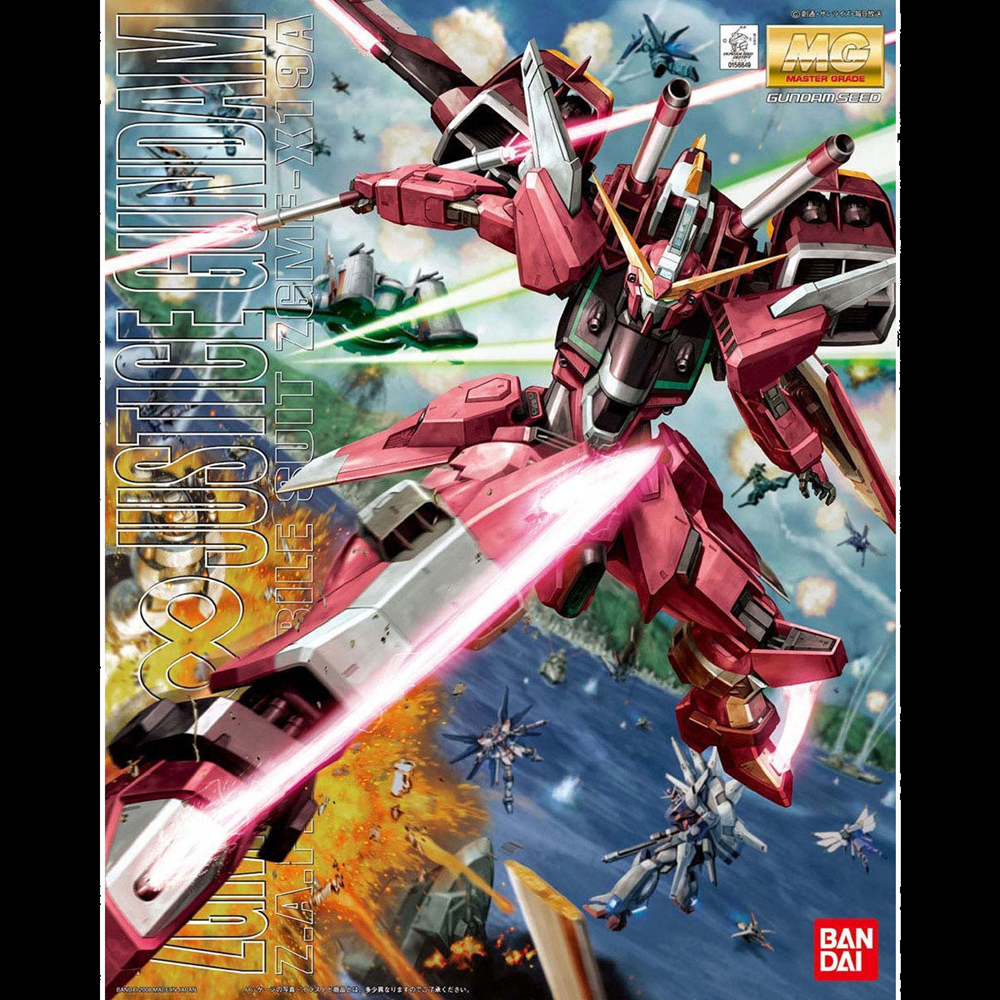 Model kit packaging of a red robot with explosions and other robots in the background, featuring Bandai branding. MG Infinite Justice Gundam ZGMF-X19A 