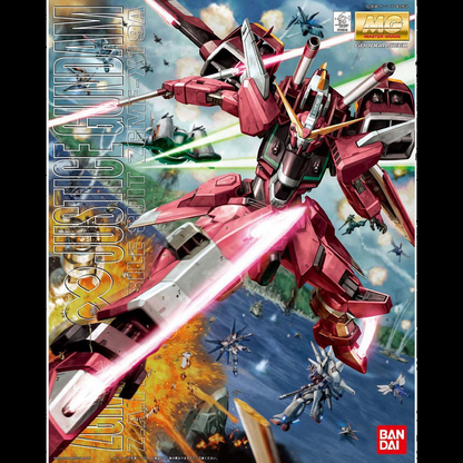 Model kit packaging of a red robot with explosions and other robots in the background, featuring Bandai branding. MG Infinite Justice Gundam ZGMF-X19A 