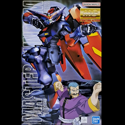 Bandai Namco MG Fighting Action Mastered Gundam Otona 1/12 scale model kit box front cover, featuring a blue and red Gundam robot with a purple warrior character at the bottom. MG Master Gundam Fighting Action