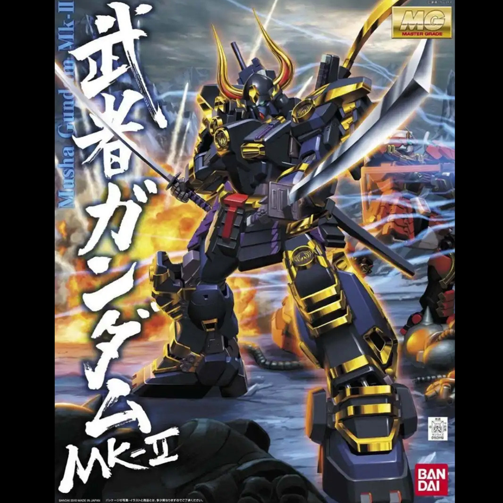 Model kit of a robot with samurai armour design on a colourful background. MG Musha Gundam MK-II 