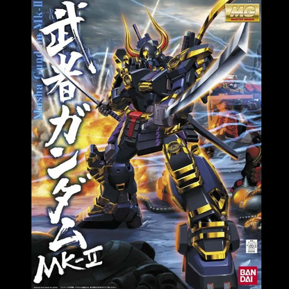 Model kit of a robot with samurai armour design on a colourful background. MG Musha Gundam MK-II 