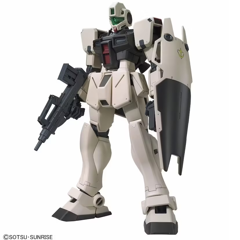 Model kit of a robot with a white and Gray colour scheme on a white background. Master Grade GM Command Colony Type with Bullpup Machine Gun, shield, and Beam Sabers.