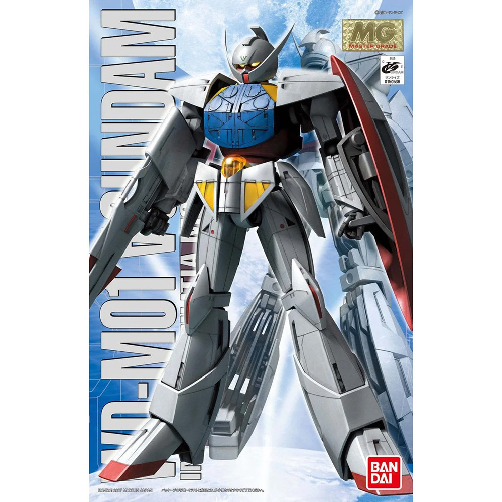Model kit of a robot with 'MG' and 'BANDAI' branding on a blue and white background. MG WD-M01 Turn A Gundam