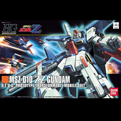 Box art for a Bandai HG Universal Century MSZ-010 ZZ Gundam A.F. MSZ-010 ZZ Gundam- HG 1/144 Gundam Bandai