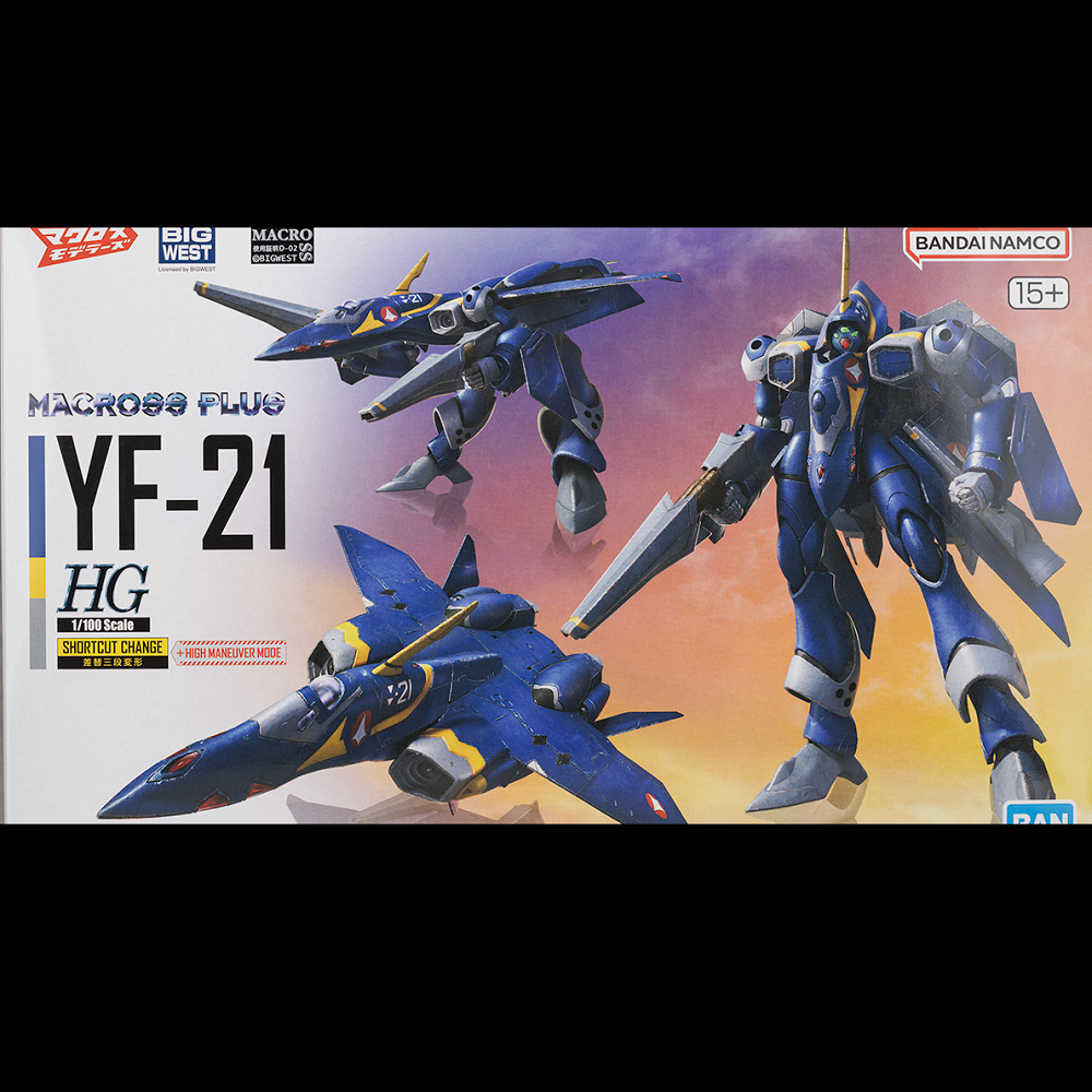 Box art for Macrosee Plus YF-21, featuring high maneuver mode, movable vectored nozzles, pinpoint barrier punch effect parts, and dynamic articulation