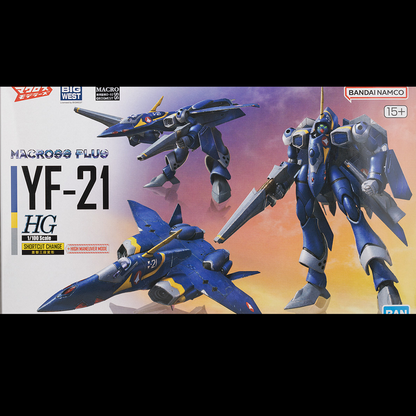 Box art for Macrosee Plus YF-21, featuring high maneuver mode, movable vectored nozzles, pinpoint barrier punch effect parts, and dynamic articulation