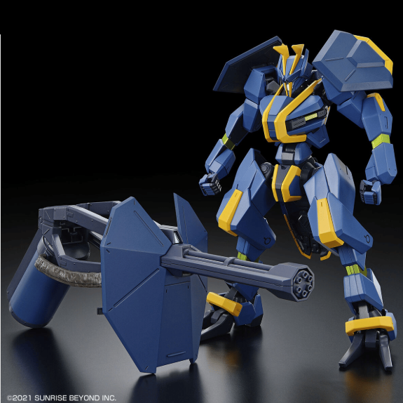 Mailes Jogan Kai Model Kit. Blue and yellow robot model with a large weapon on a black background