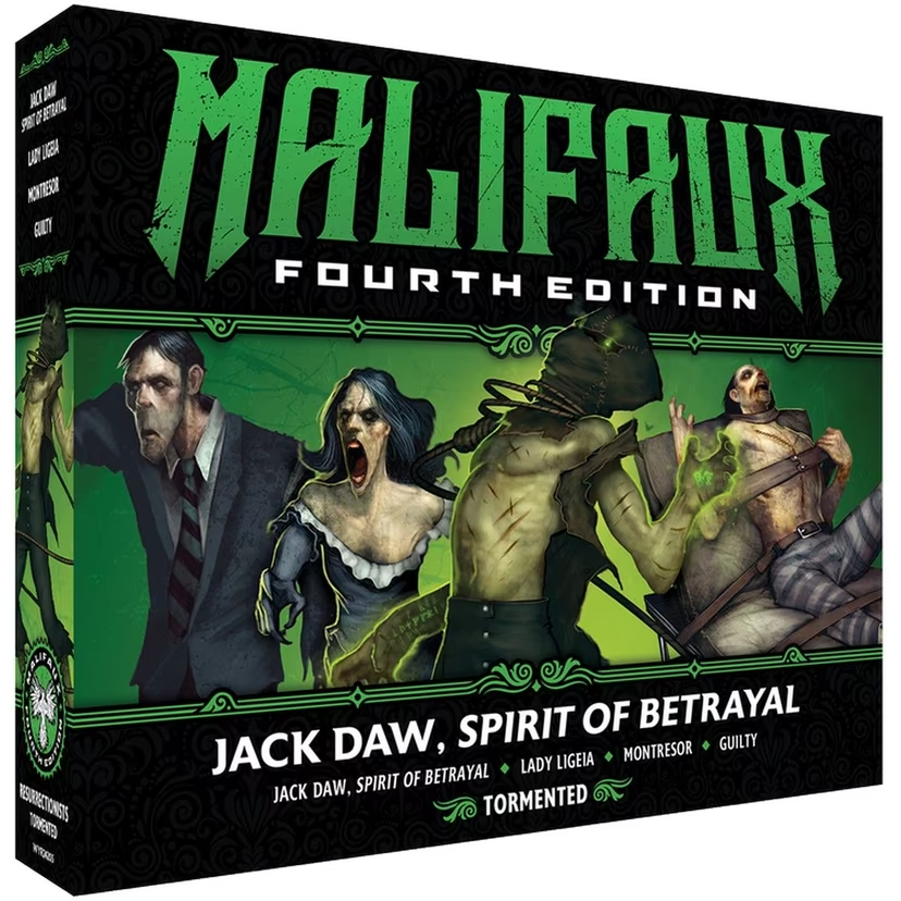 Malifaux Fourth Edition game box with character illustrations on a green and black background