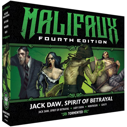 Malifaux Fourth Edition game box with character illustrations on a green and black background