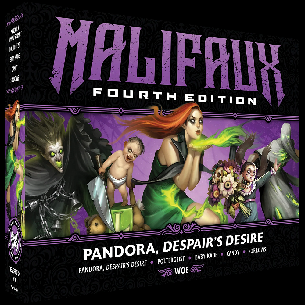 Malifaux Pandora Despair’s Desire Neverborn crew box with 6 miniatures including Baby Kade, Candy, Poltergeist, and Sorrows.