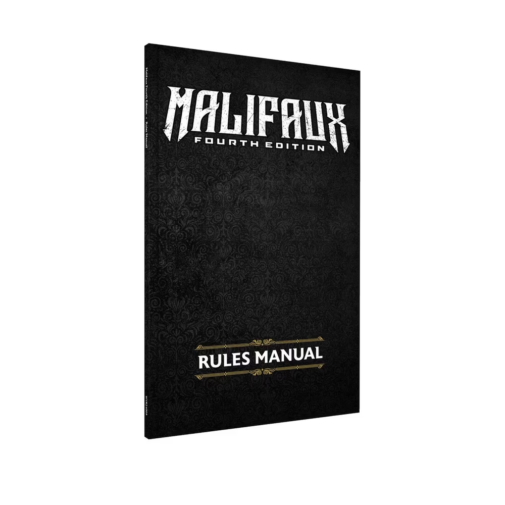 Black book titled 'Malifaux Fourth Edition Rules Manual' on a white background