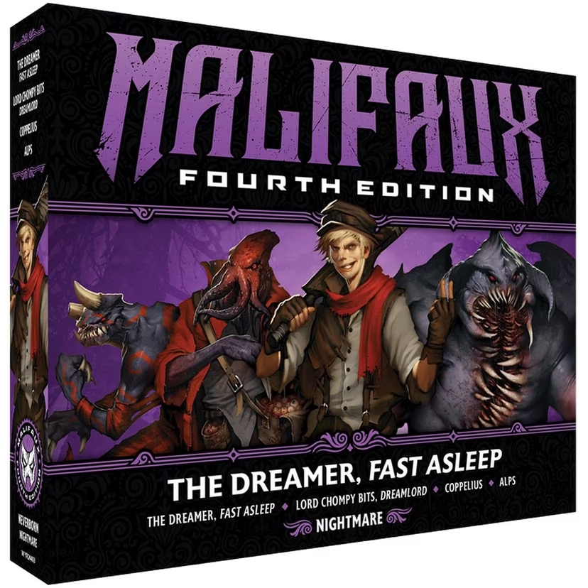 Malifaux Fourth Edition game box with characters and creatures on a purple background