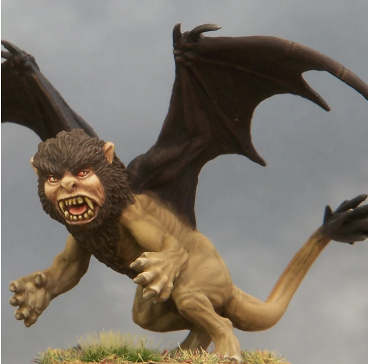 Manticore A by Crooked Dice, a resin miniature for your tabletop games representing a Manticore, a fierce creature with a human face, lions body and bat wings