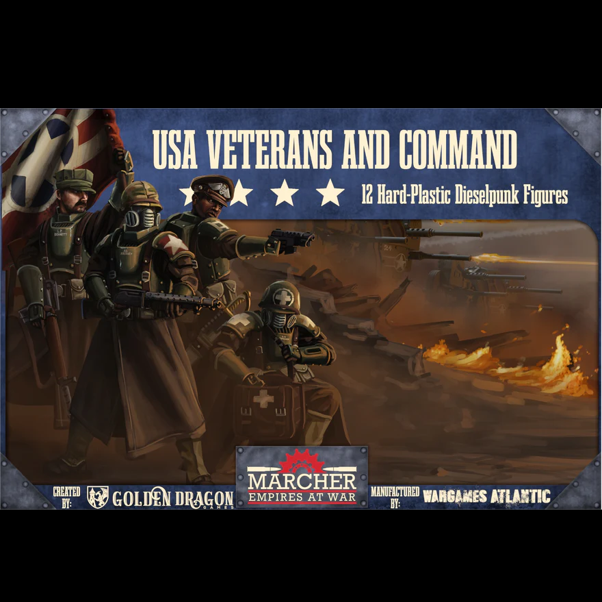 Product packaging for 'USA Veterans and Command' with soldiers and a vehicle on a dark background. Marcher USA Veterans and Command infantry set 12 hard plastic miniatures with trench guns assault rifles bazookas and specialists 25mm bases