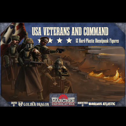 Product packaging for 'USA Veterans and Command' with soldiers and a vehicle on a dark background. Marcher USA Veterans and Command infantry set 12 hard plastic miniatures with trench guns assault rifles bazookas and specialists 25mm bases