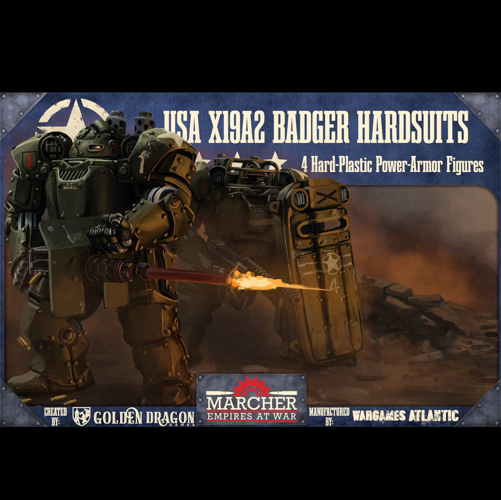 Promotional image of hard-plastic power-armour figures with a fiery weapon, featuring branding and product details. Marcher USA X19A2 Badger Hardsuits 4 model set powered armour miniatures with weapon options 40mm bases sci fi wargaming kit