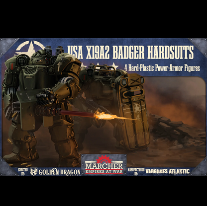 Promotional image of hard-plastic power-armour figures with a fiery weapon, featuring branding and product details. Marcher USA X19A2 Badger Hardsuits 4 model set powered armour miniatures with weapon options 40mm bases sci fi wargaming kit